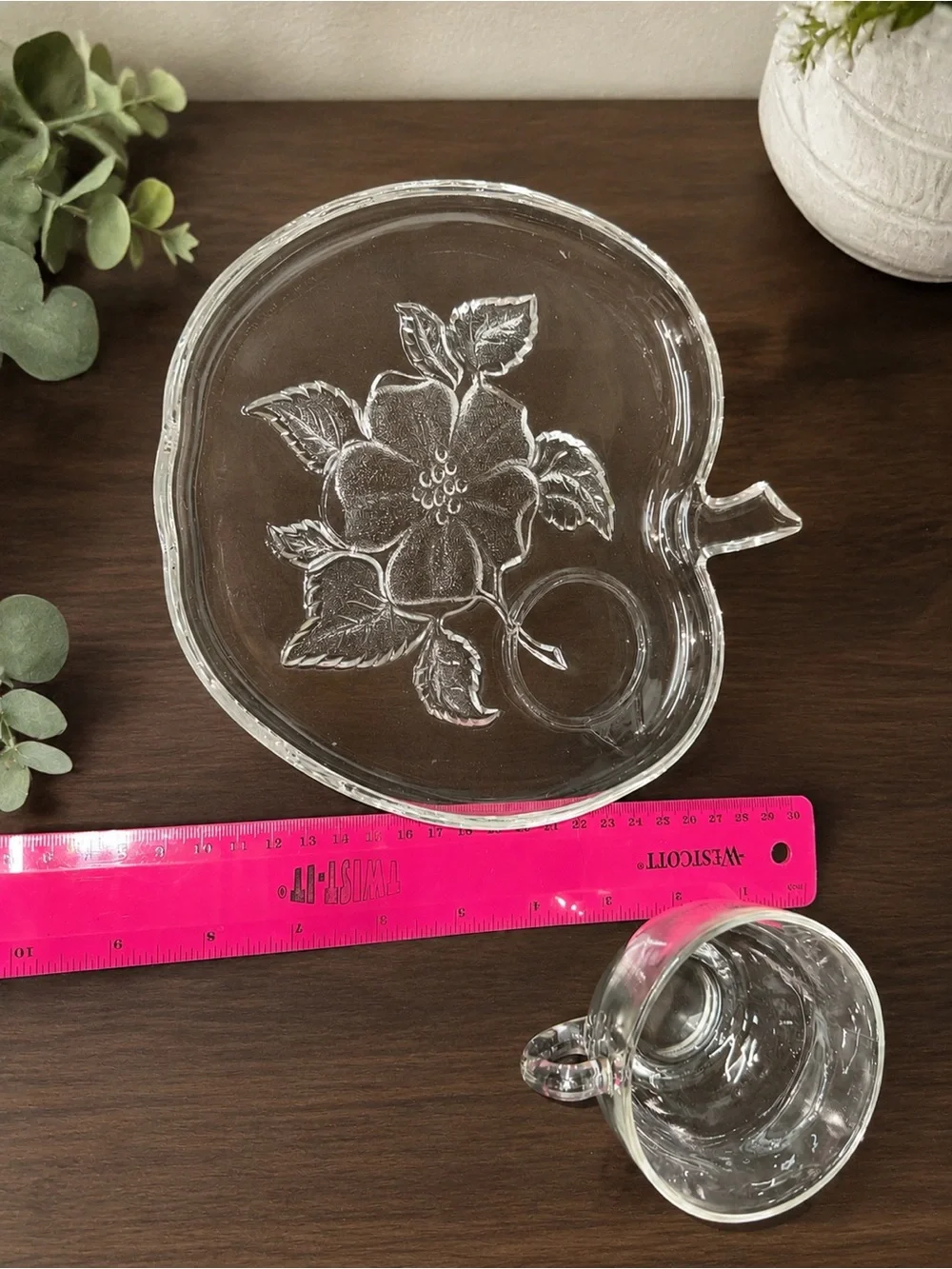 Vintage Clear Glass Apple Shaped Snack Tray & Cup Set Embossed Floral
